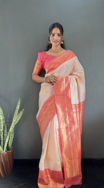Mayawye Women's Silk Blend Woven Kanjivaram Saree With Unstitched Blouse (5.5Mtr, Peach)