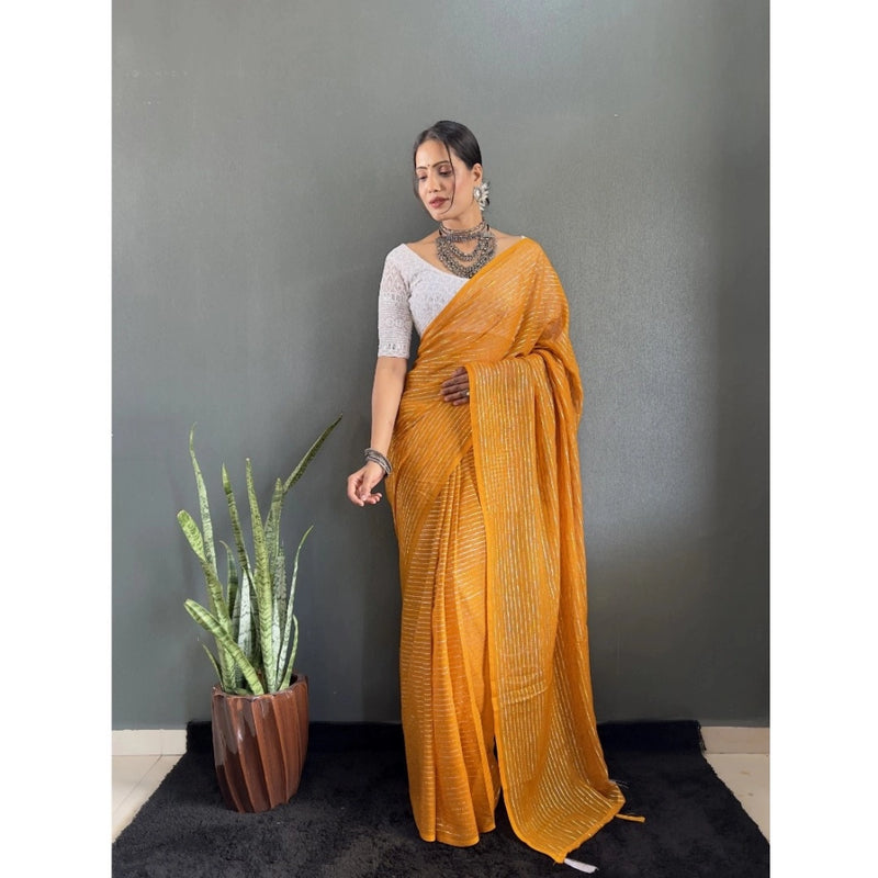 Mayawye Women's Chiffon Woven Bollywood Saree With Unstitched Blouse (5.5Mtr, Mustard)