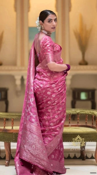 Mayawye Women's Silk Woven Kanjivaram Saree With Unstitched Blouse (5.5Mtr, Pink)