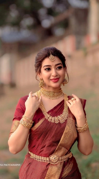 Mayawye Women's Silk Woven Kanjivaram Saree With Unstitched Blouse (5.5Mtr, Maroon)