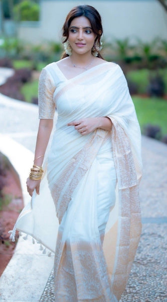 Mayawye Women's Silk Blend Self Design Bollywood Saree With Unstitched Blouse (5.5Mtr, White)
