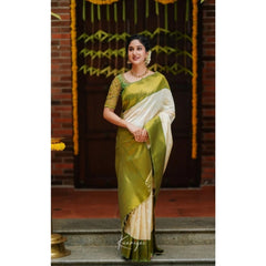 Mayawye Women's Silk Blend Self Design Banarasi Saree With Unstitched Blouse (5.5Mtr, White Green)