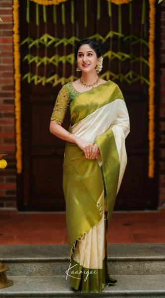 Mayawye Women's Silk Blend Self Design Banarasi Saree With Unstitched Blouse (5.5Mtr, White Green)