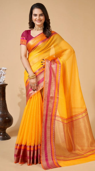 Mayawye Women's Cotton Blend Woven  Saree With Unstitched Blouse (5.5Mtr, Yellow)