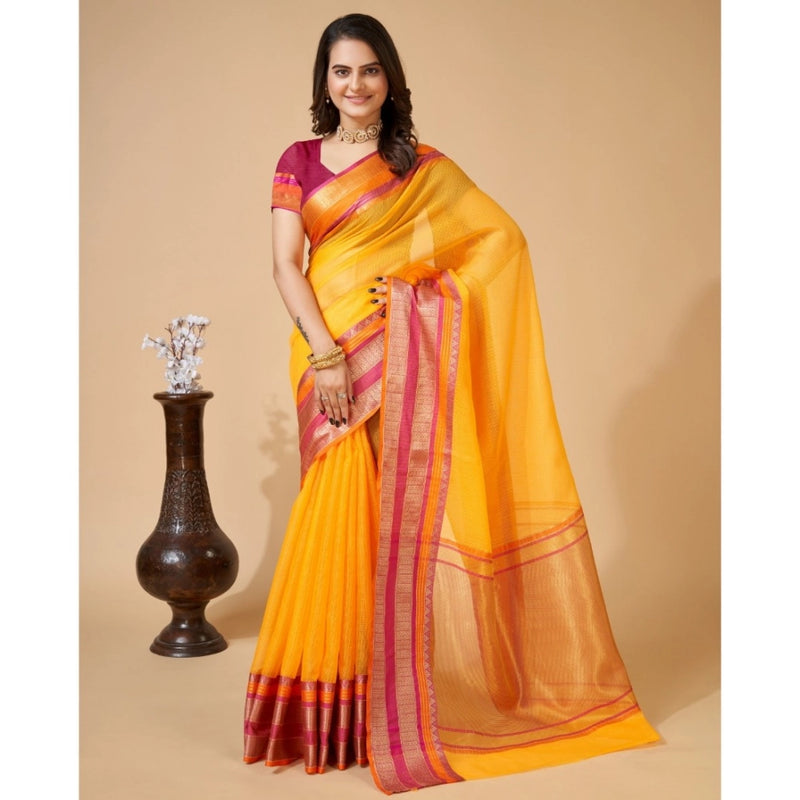 Mayawye Women's Cotton Blend Woven  Saree With Unstitched Blouse (5.5Mtr, Yellow)
