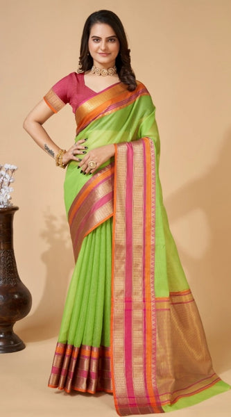 Mayawye Women's Cotton Blend Woven  Saree With Unstitched Blouse (5.5Mtr, Light Green)