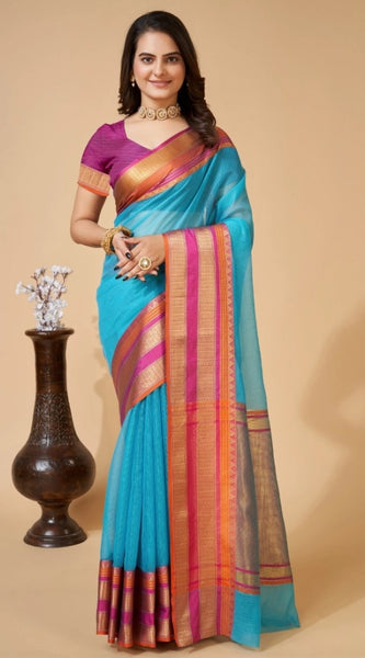 Mayawye Women's Cotton Blend Woven  Saree With Unstitched Blouse (5.5Mtr, Blue)