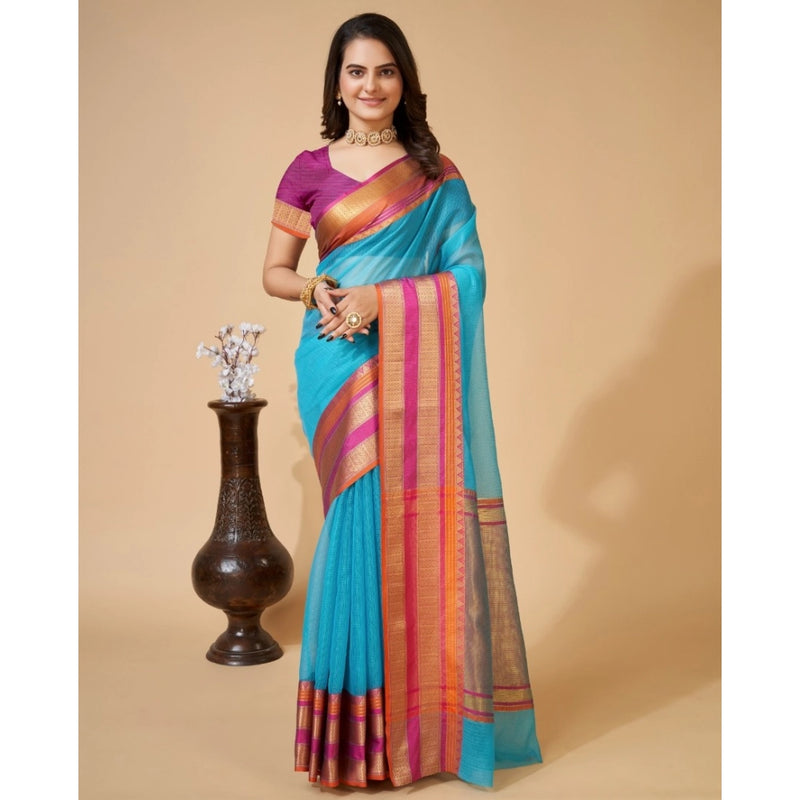 Mayawye Women's Cotton Blend Woven  Saree With Unstitched Blouse (5.5Mtr, Blue)