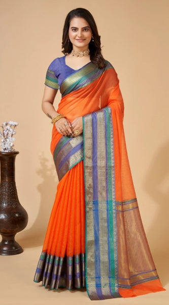 Mayawye Women's Cotton Blend Woven  Saree With Unstitched Blouse (5.5Mtr, Orange)