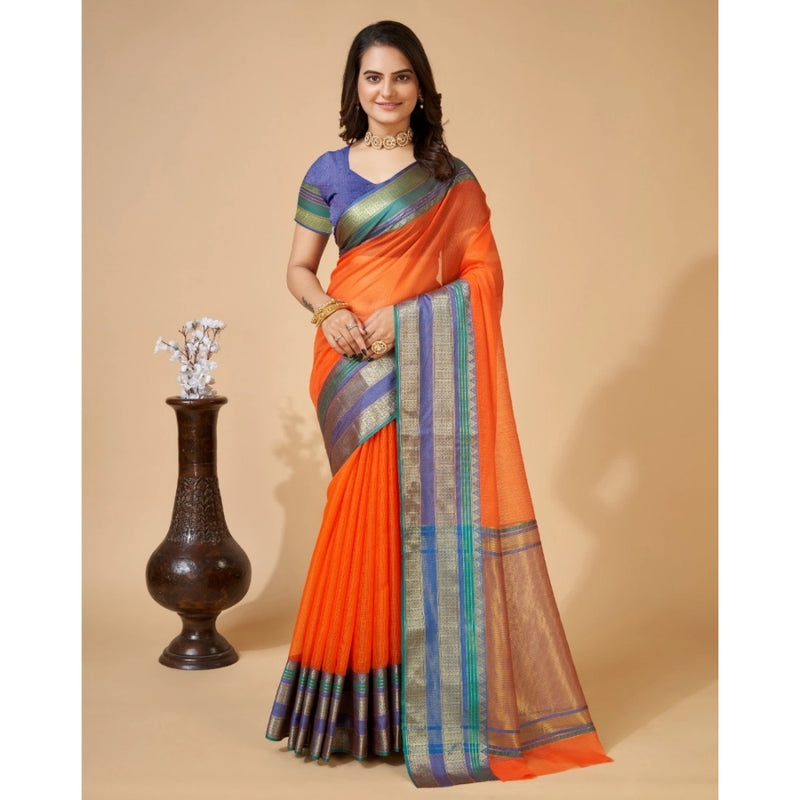Mayawye Women's Cotton Blend Woven  Saree With Unstitched Blouse (5.5Mtr, Orange)