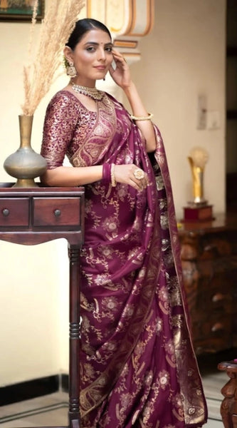 Mayawye Women's Art Silk Embellished Kanjivaram Saree With Unstitched Blouse (5.5Mtr, Purple)