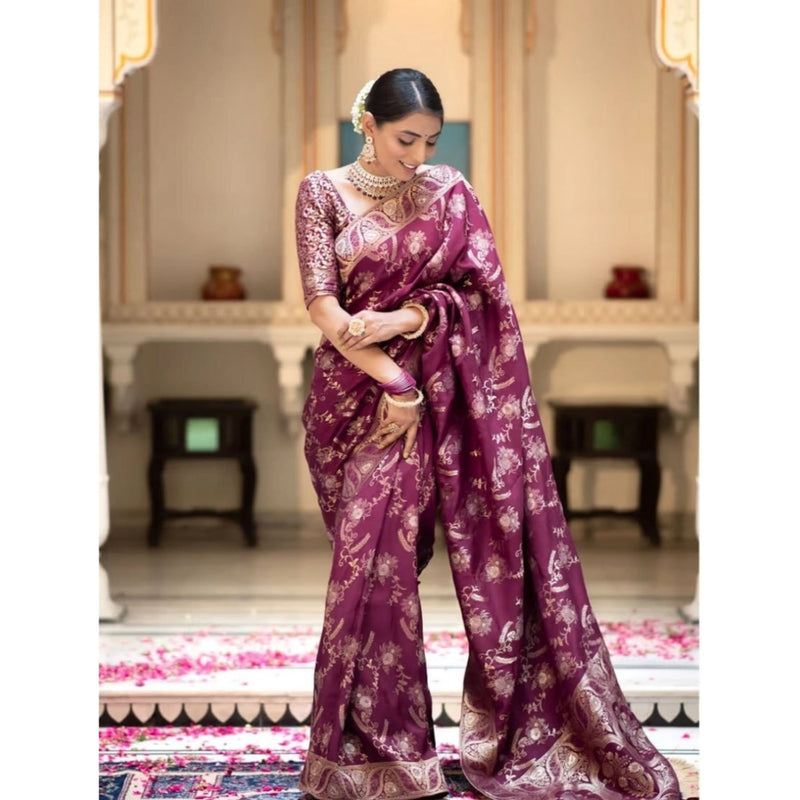 Mayawye Women's Art Silk Embellished Kanjivaram Saree With Unstitched Blouse (5.5Mtr, Purple)