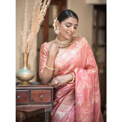 Mayawye Women's Art Silk Embellished Kanjivaram Saree With Unstitched Blouse (5.5Mtr, Peach)
