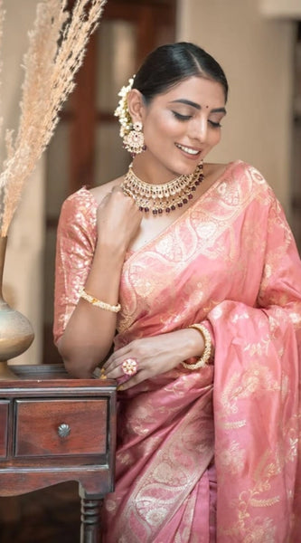 Mayawye Women's Art Silk Embellished Kanjivaram Saree With Unstitched Blouse (5.5Mtr, Peach)