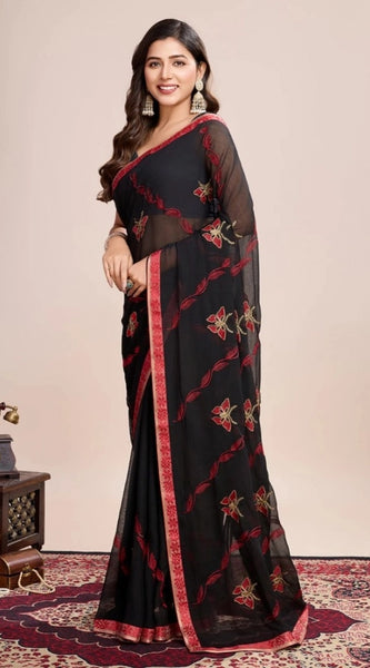 Mayawye Women's Georgette Printed  Saree With Unstitched Blouse (5.5Mtr, Red)
