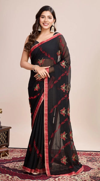 Mayawye Women's Georgette Printed  Saree With Unstitched Blouse (5.5Mtr, Red)