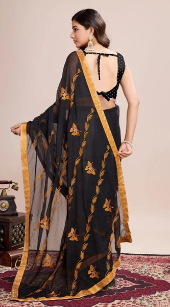 Mayawye Women's Georgette Printed  Saree With Unstitched Blouse (5.5Mtr, Orange)