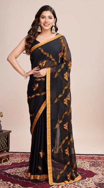 Mayawye Women's Georgette Printed  Saree With Unstitched Blouse (5.5Mtr, Orange)