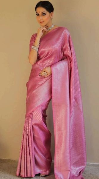 Mayawye Women's Silk Blend Woven Kanjivaram Saree With Unstitched Blouse (5.5Mtr, Pink)