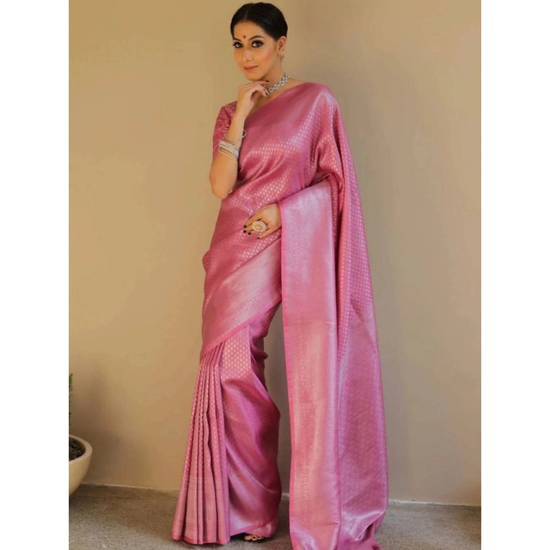 Mayawye Women's Silk Blend Woven Kanjivaram Saree With Unstitched Blouse (5.5Mtr, Pink)