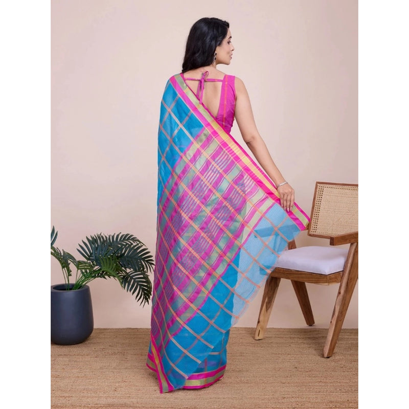 Mayawye Women's Cotton Silk Checkered Kota Doria Saree With Unstitched Blouse (5.5Mtr, Sky Blue)