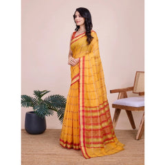 Mayawye Women's Cotton Silk Checkered Kota Doria Saree With Unstitched Blouse (5.5Mtr, Yellow)
