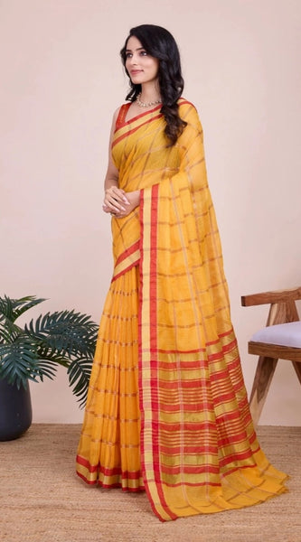 Mayawye Women's Cotton Silk Checkered Kota Doria Saree With Unstitched Blouse (5.5Mtr, Yellow)