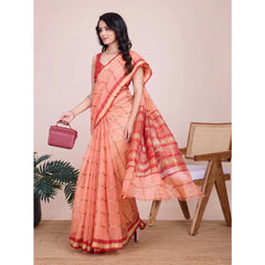 Mayawye Women's Cotton Silk Checkered Kota Doria Saree With Unstitched Blouse (5.5Mtr, Peach)