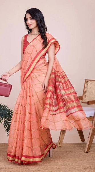 Mayawye Women's Cotton Silk Checkered Kota Doria Saree With Unstitched Blouse (5.5Mtr, Peach)