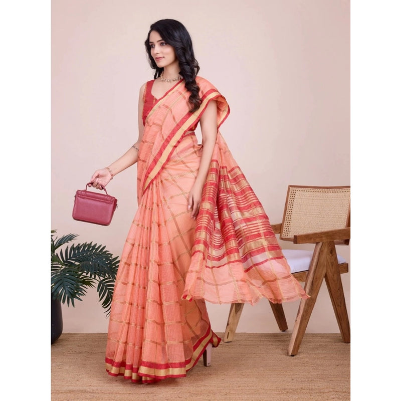 Mayawye Women's Cotton Silk Checkered Kota Doria Saree With Unstitched Blouse (5.5Mtr, Peach)
