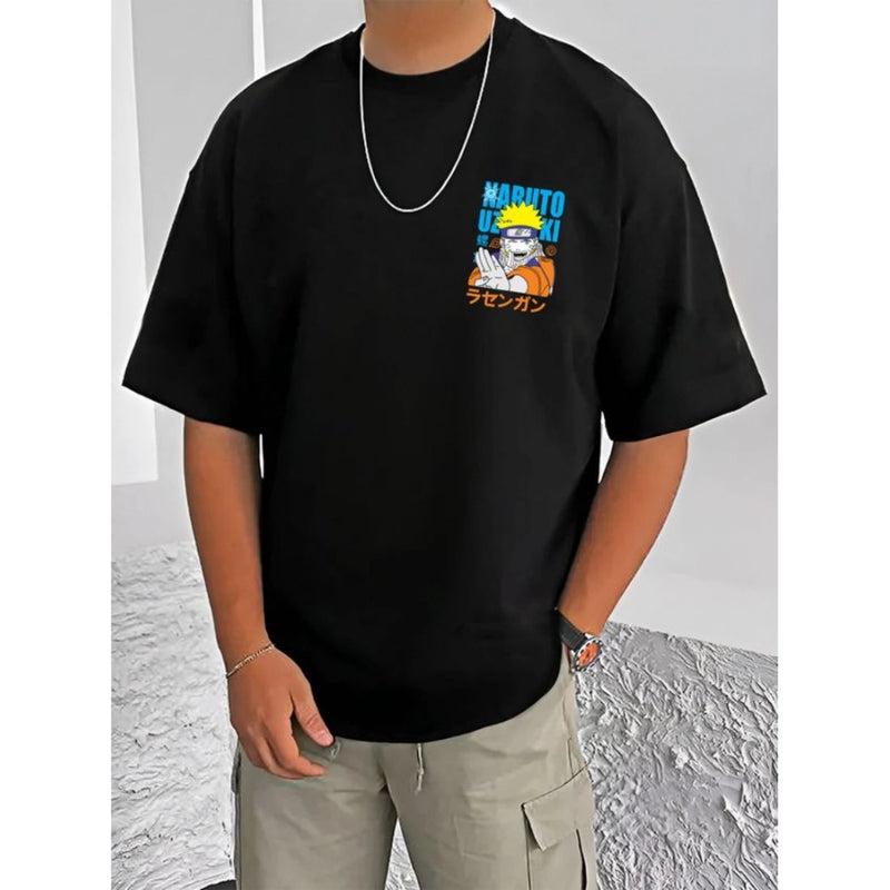 Mayawye Men's Casual Cotton Blend Printed Round Neck Half Sleeve T-Shirt (Black)