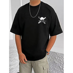 Mayawye Men's Casual Cotton Blend Printed Round Neck Half Sleeve T-Shirt (Black)