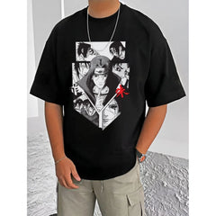Mayawye Men's Casual Cotton Blend Printed Round Neck Half Sleeve T-Shirt (Black)