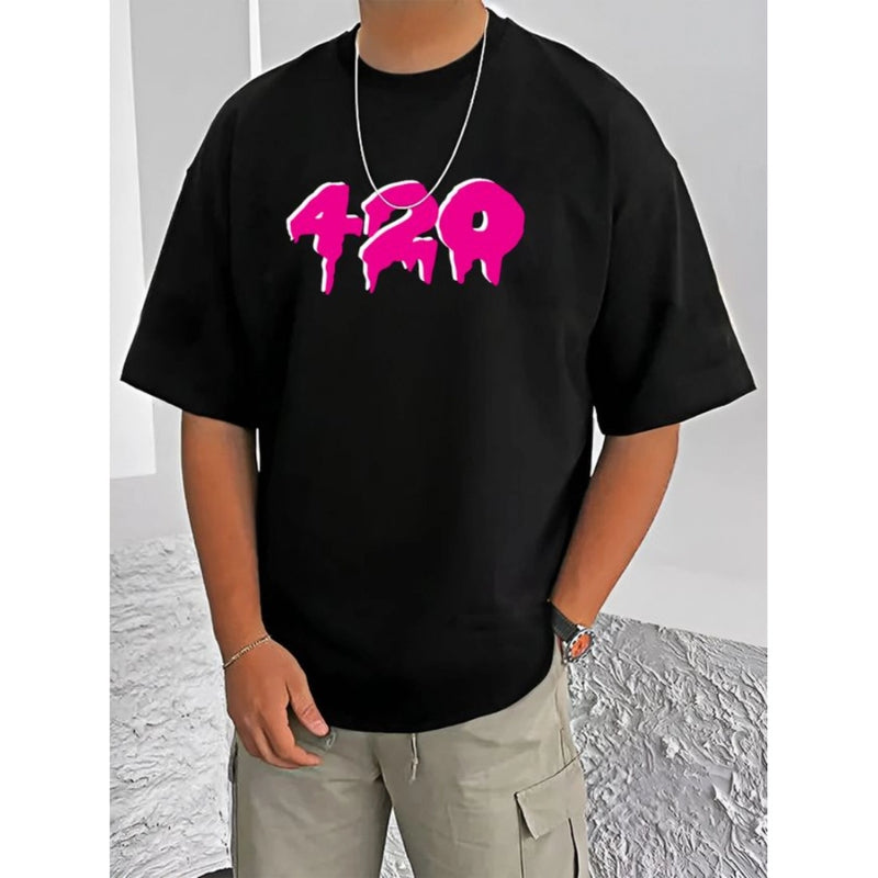 Mayawye Men's Casual Cotton Blend Printed Round Neck Half Sleeve T-Shirt (Black)