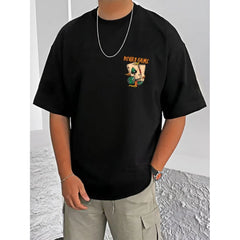 Mayawye Men's Casual Cotton Blend Printed Round Neck Half Sleeve T-Shirt (Black)