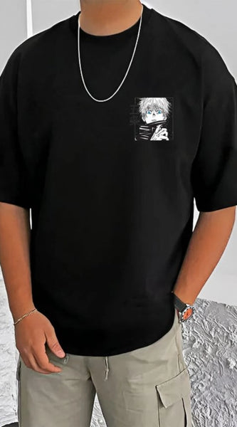 Mayawye Men's Casual Cotton Blend Printed Round Neck Half Sleeve T-Shirt (Black)