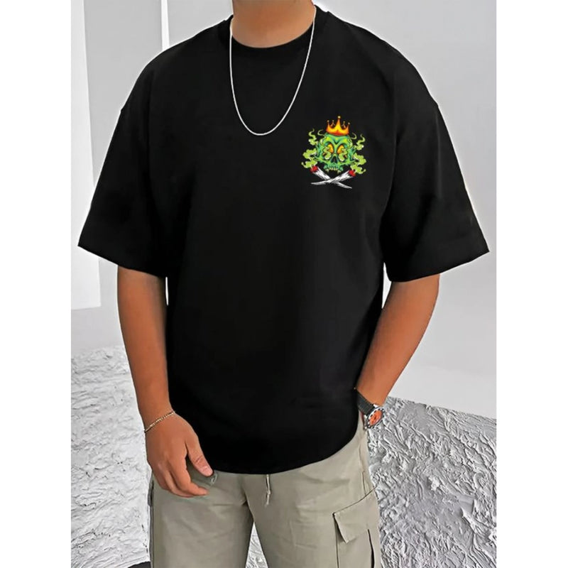 Mayawye Men's Casual Cotton Blend Printed Round Neck Half Sleeve T-Shirt (Black)