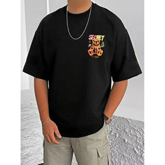 Mayawye Men's Casual Cotton Blend Printed Round Neck Half Sleeve T-Shirt (Black)