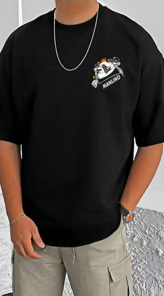 Mayawye Men's Casual Cotton Blend Printed Round Neck Half Sleeve T-Shirt (Black)