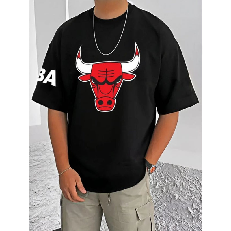 Mayawye Men's Casual Cotton Blend Printed Round Neck Half Sleeve T-Shirt (Black)