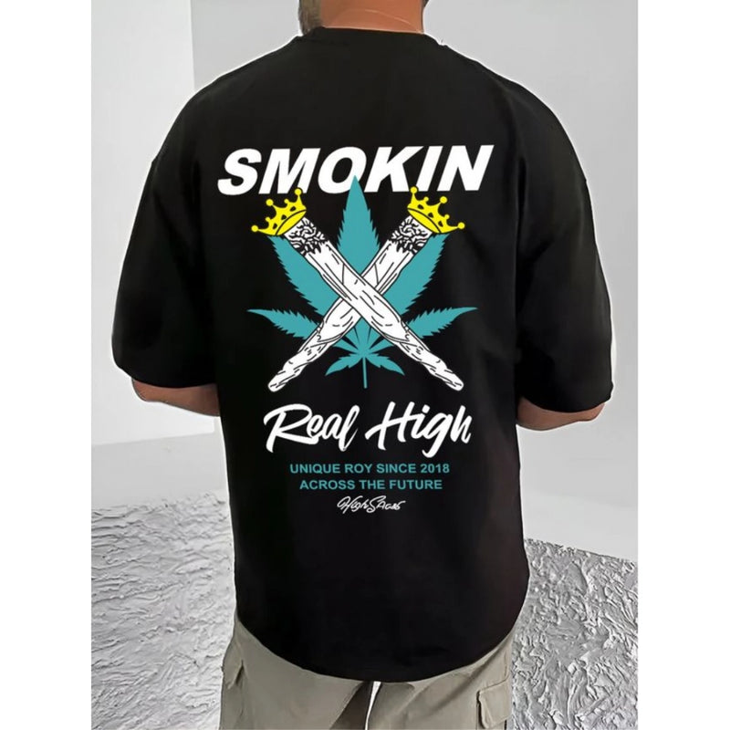 Mayawye Men's Casual Cotton Blend Printed Round Neck Half Sleeve T-Shirt (Black)