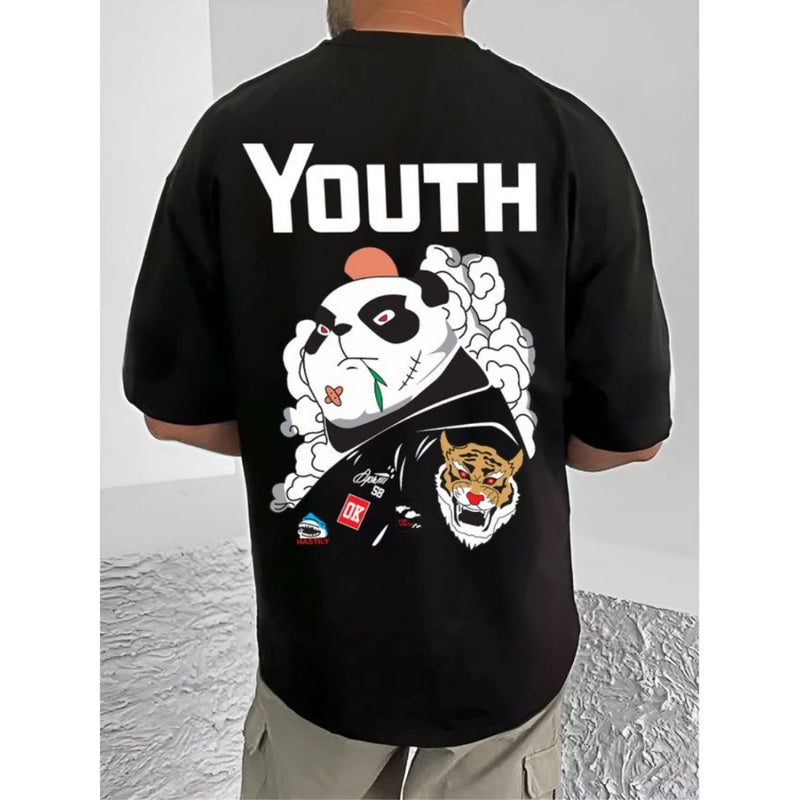 Mayawye Men's Casual Cotton Blend Printed Round Neck Half Sleeve T-Shirt (Black)