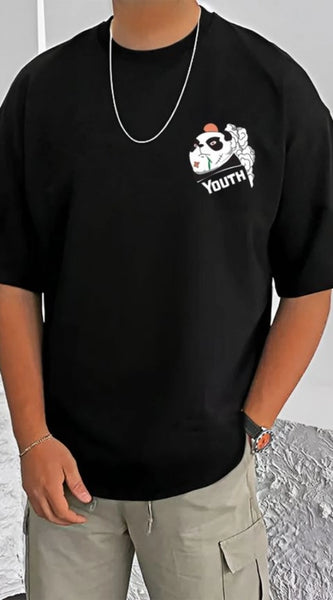 Mayawye Men's Casual Cotton Blend Printed Round Neck Half Sleeve T-Shirt (Black)