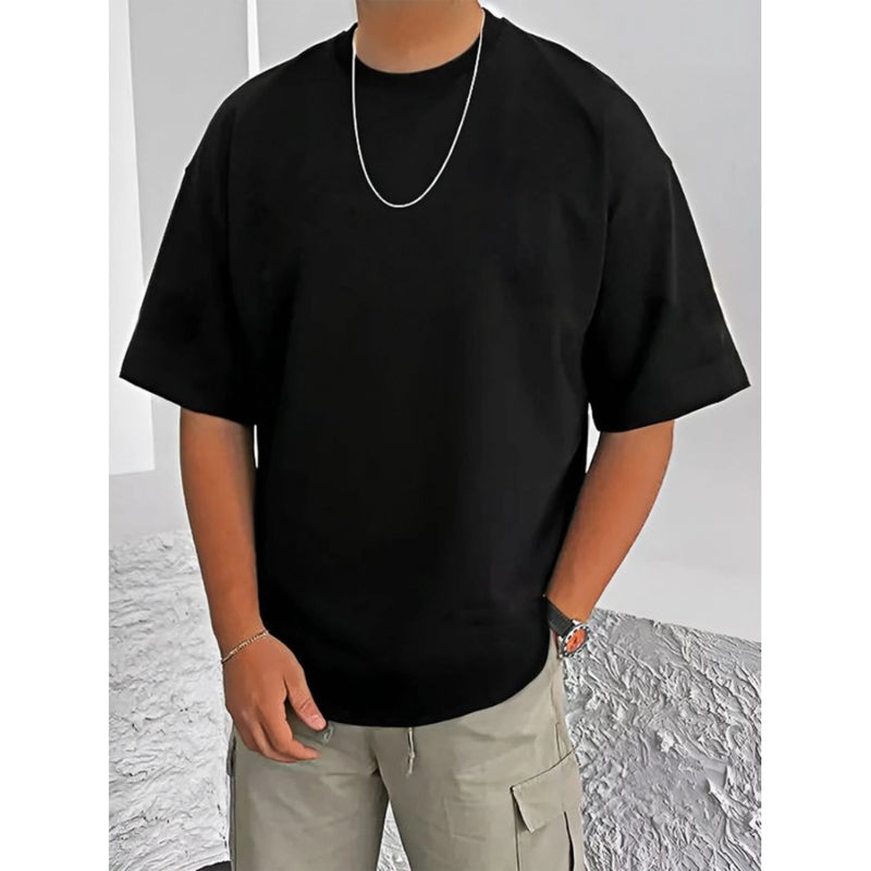 Mayawye Men's Casual Cotton Blend Printed Round Neck Half Sleeve T-Shirt (Black)