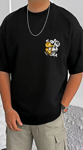 Mayawye Men's Casual Cotton Blend Printed Round Neck Half Sleeve T-Shirt (Black)