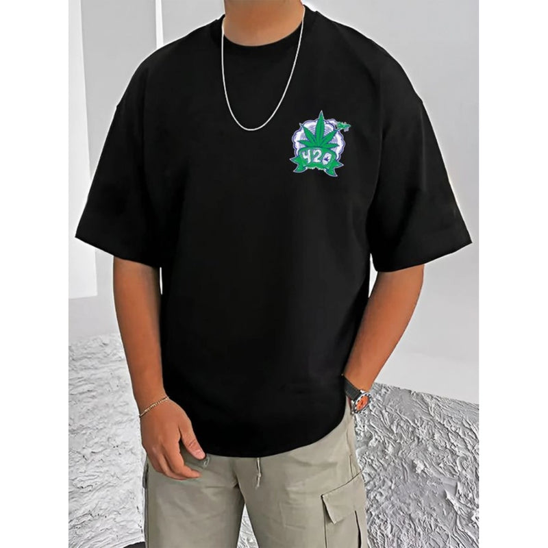 Mayawye Men's Casual Cotton Blend Printed Round Neck Half Sleeve T-Shirt (Black)