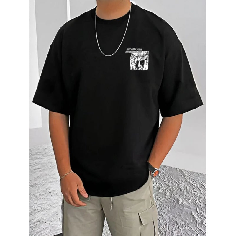 Mayawye Men's Casual Cotton Blend Printed Round Neck Half Sleeve T-Shirt (Black)
