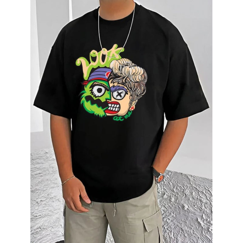Mayawye Men's Casual Cotton Blend Printed Round Neck Half Sleeve T-Shirt (Black)