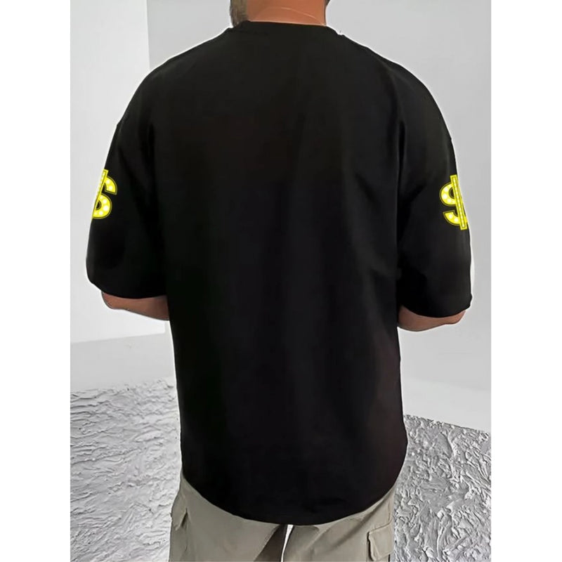 Mayawye Men's Casual Cotton Blend Printed Round Neck Half Sleeve T-Shirt (Black)