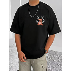 Mayawye Men's Casual Cotton Blend Printed Round Neck Half Sleeve T-Shirt (Black)